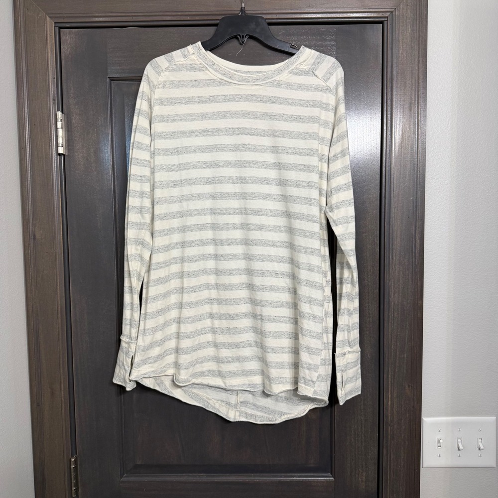 We The Free Free People Striped Long Sleeve Tee Grey Cream Thumbhole Small